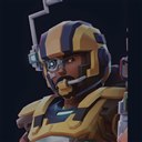 Concept crew bust: captain in gold armor with a targeting monocle.
