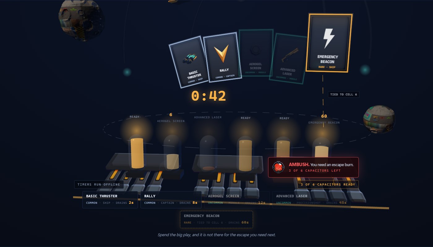 Concept plate of live play: a five-card hand held above the ship's capacitor rail while an ambush warning demands an escape burn.