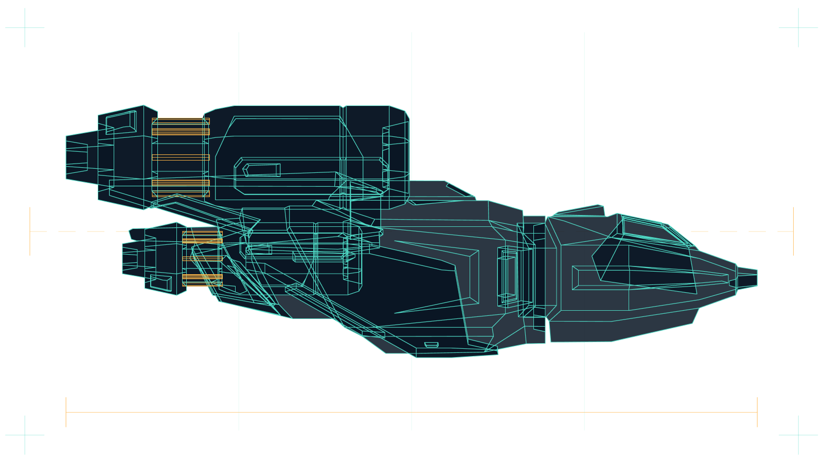 Blueprint side elevation of the heavy fighter: cyan wireframe over a dark hull with orange engine callouts and drafting marks.